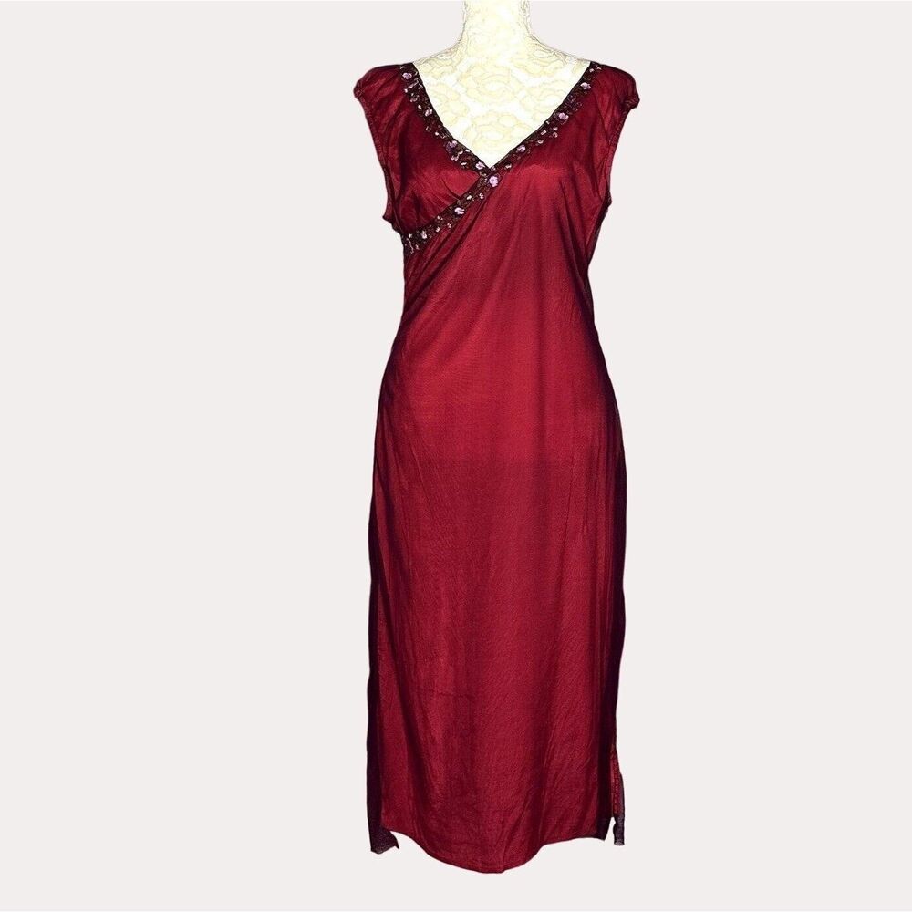 Free People Mesh Satin Embroidered Boho Midi Dress Red 7 bv